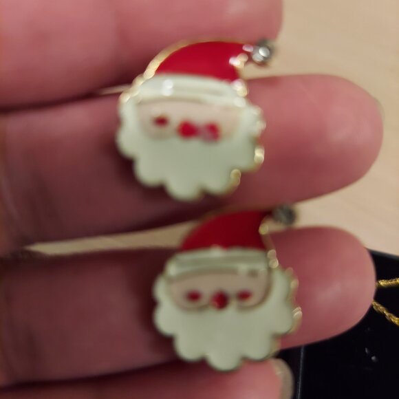Gold Tone Chain & Cross Pendant W/ Santa Claus Enamel Earrings Bundle - Picture 2 of 8